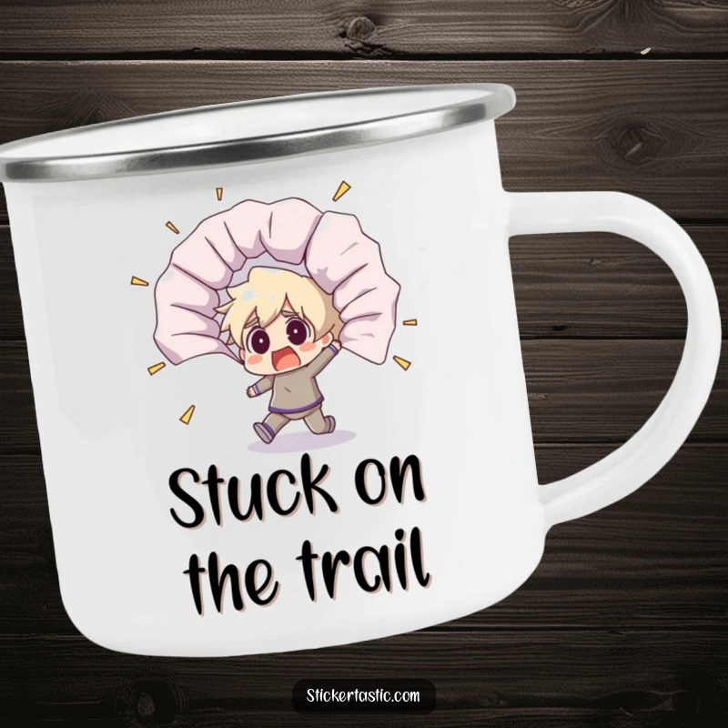 Funny camping mug showing a shocked character startled by a giant, unfurling sticker, perfect for outdoor humor.