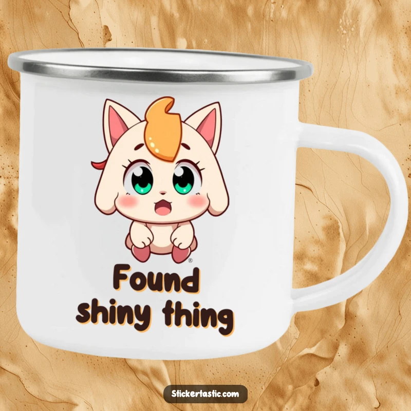 Funny character with wide, amazed eyes catching a falling sticker on a sturdy camping mug, ideal for collectors on the go, a perfect gift.