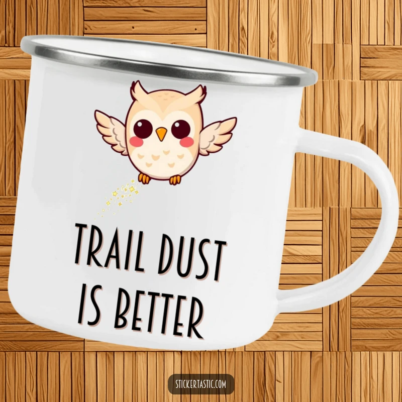 Funny Joyful Owl Camping Mug: A sturdy mug with a joyful owl leaving a glitter trail, for magical outdoor sips.