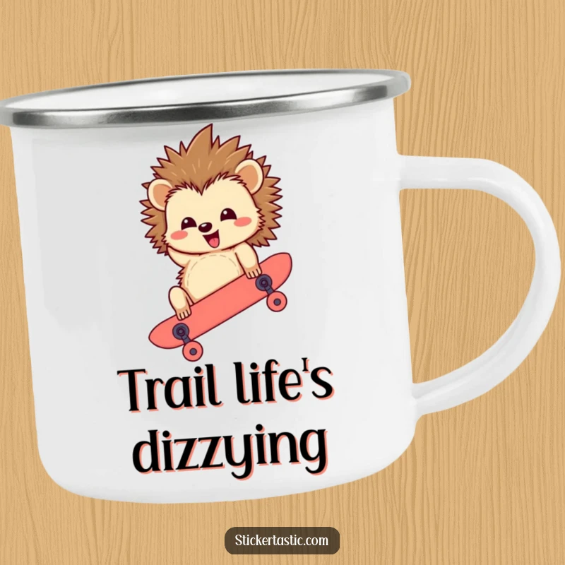 Funny Hedgehog Camping Mug: A sturdy mug with a hedgehog riding a skateboard upside down, for your next radical outdoor adventure.