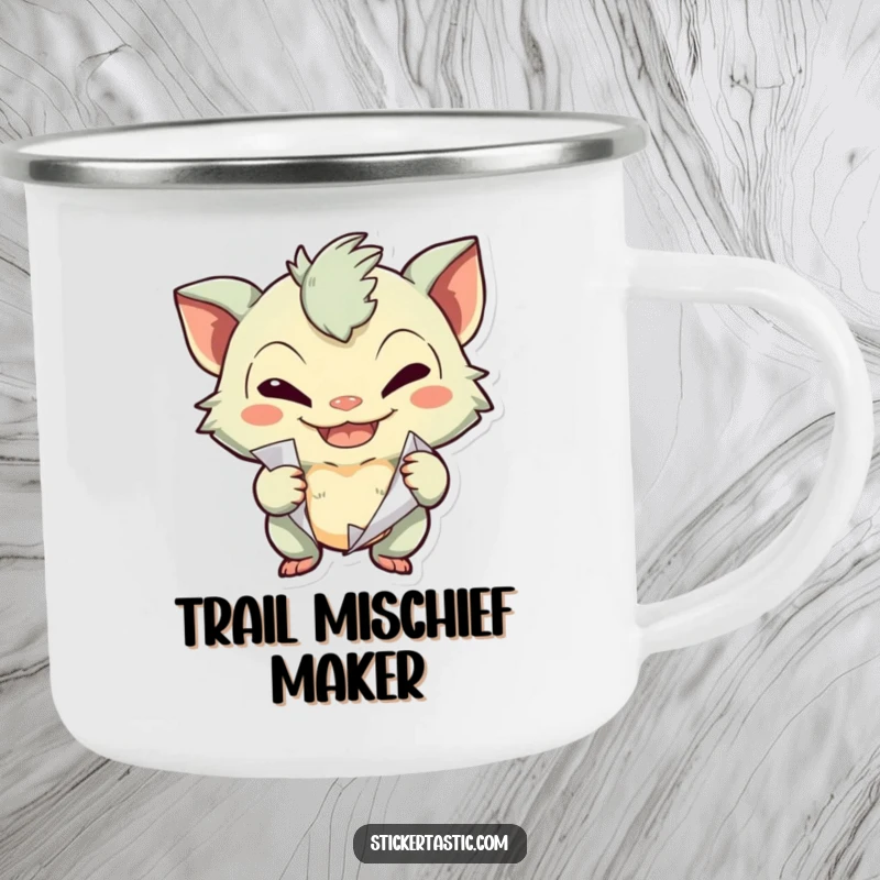 Funny creature with a mischievous grin peeling a sticker on a camping mug, ideal for fun outdoor moments.
