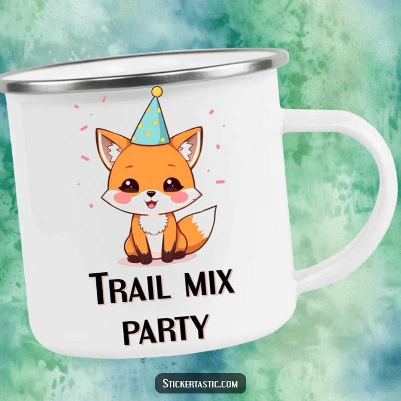 Funny camping mug with a delighted fox in a party hat and confetti, perfect for celebrating in the great outdoors with joy.
