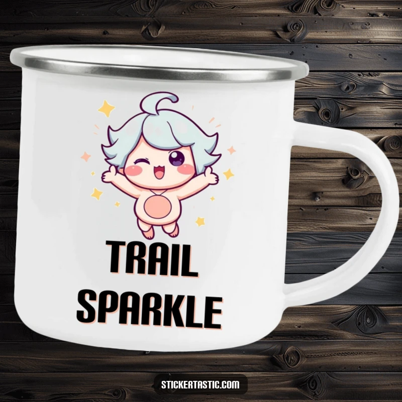 Funny Camping Mug: Cheerful character bouncing energetically amidst magical sparkles, perfect for outdoor trips. A memorable funny gift.