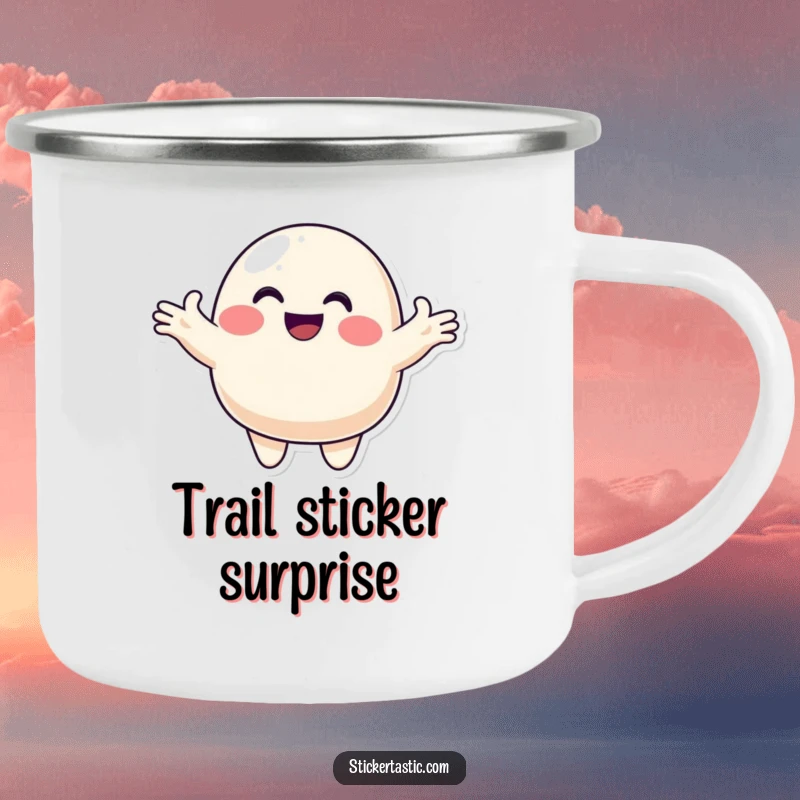 Funny blob camping mug with a smiling character offering a sticker, perfect for sipping beverages around the campfire and spreading cheer.