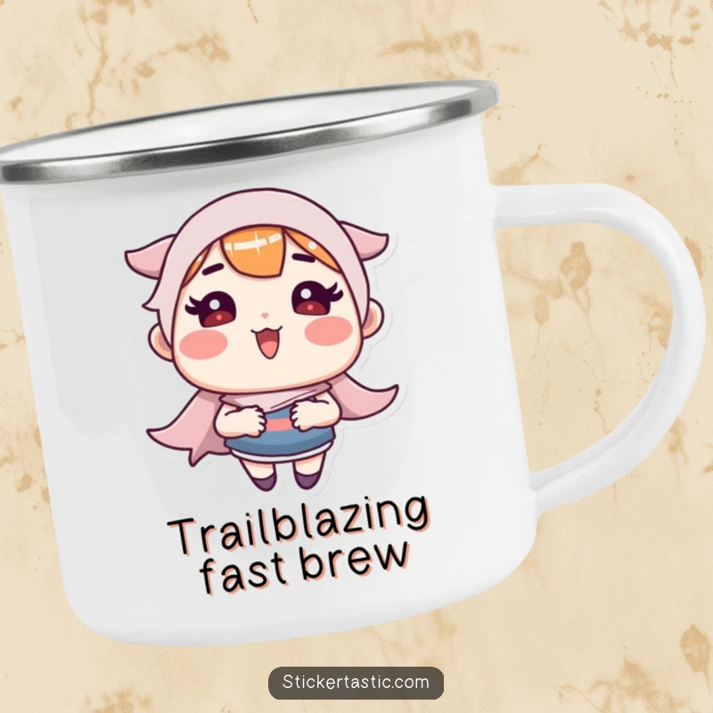 Funny Camping Mug: Rosy-cheeked character making a sticker go super fast, ready for adventure. Perfect funny gift.