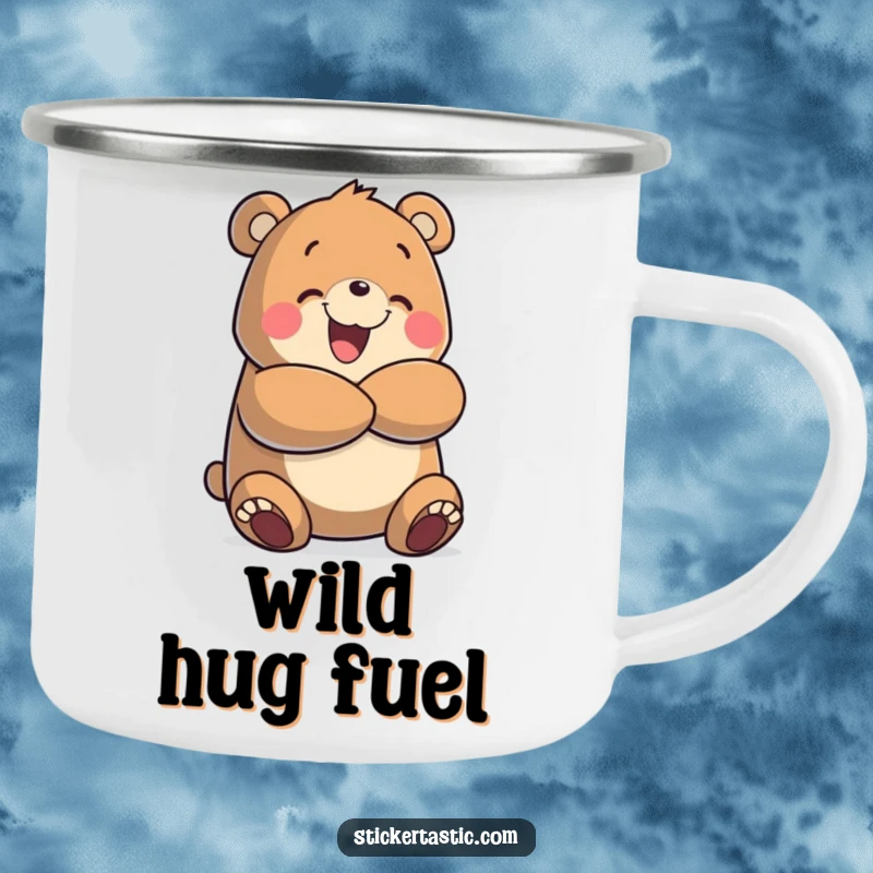 Funny camping mug featuring a cheerful bear character giving a big, enthusiastic hug, perfect for outdoor enthusiasts who love warmth and joy.