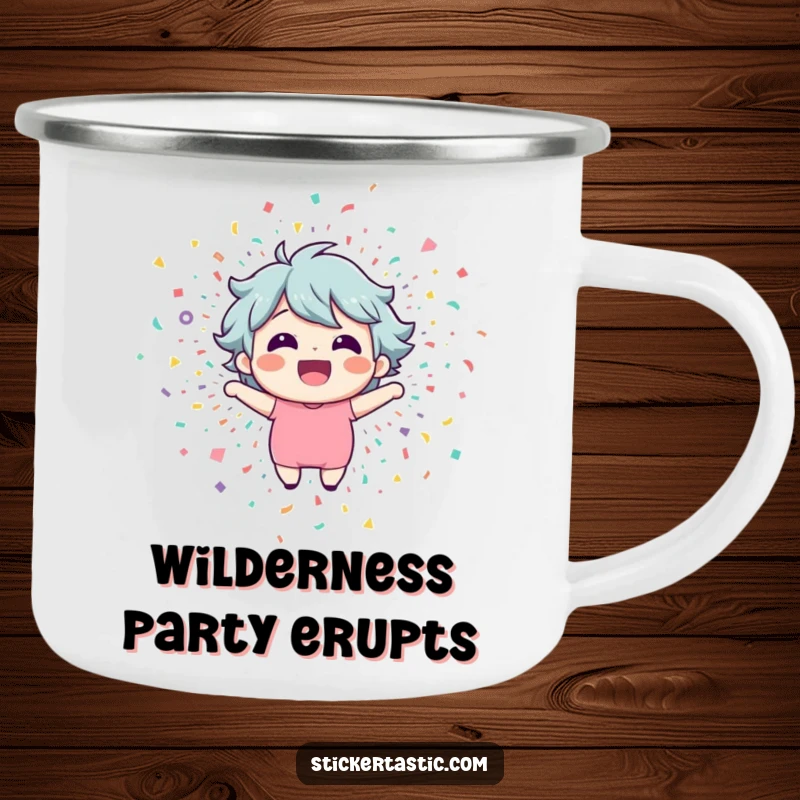 Funny confetti character camping mug with a happy explosion for outdoor celebrations.