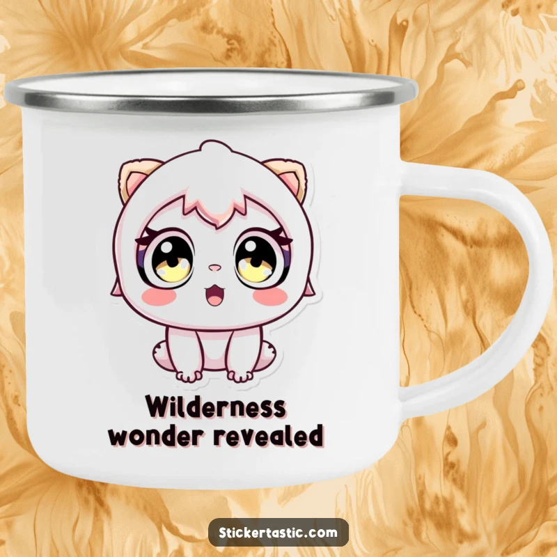 Funny camping mug showing a character with wide eyes looking in awe at a sticker, for adventurous souls.