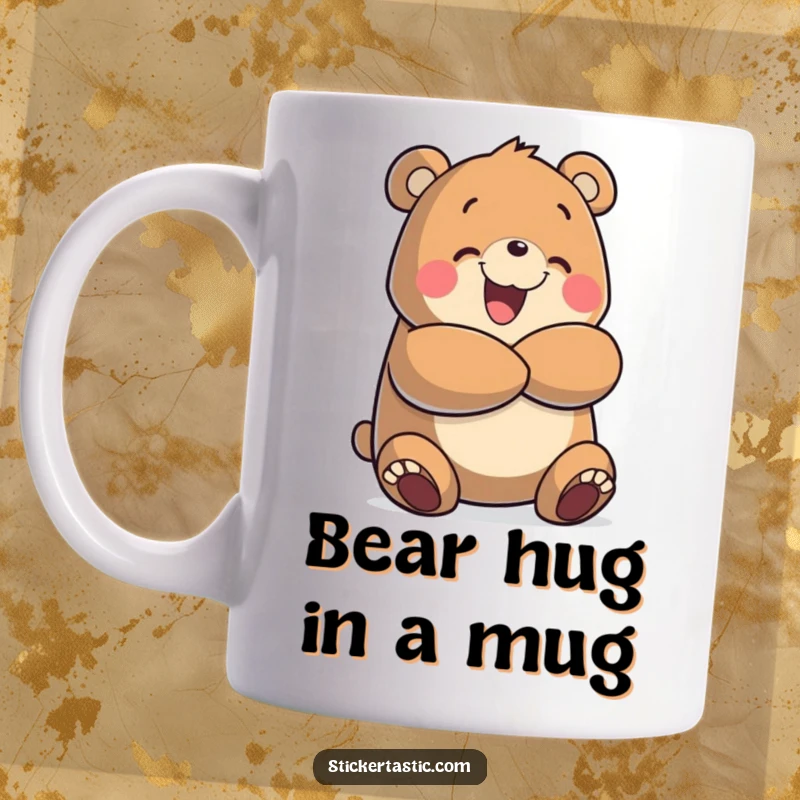 Funny mug featuring a cheerful bear character in a big, enthusiastic, and loving hug, perfect for cozy moments and warm feelings.