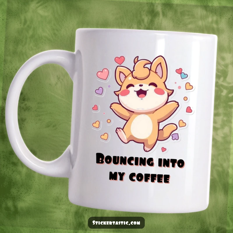 Funny Mug: Stylized creature joyfully bounces amidst a colorful explosion of stickers, radiating pure happiness.