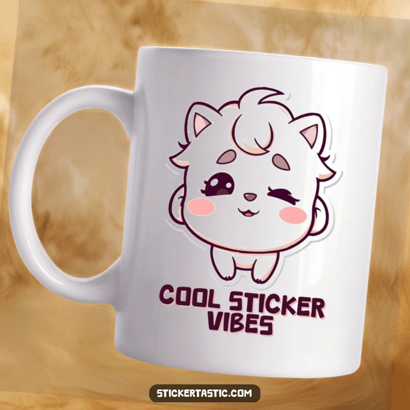 Funny mug showing a character with a playful mouth wiggling eyebrows under a cool sticker, conveying mischievous fun and sticker appreciation.