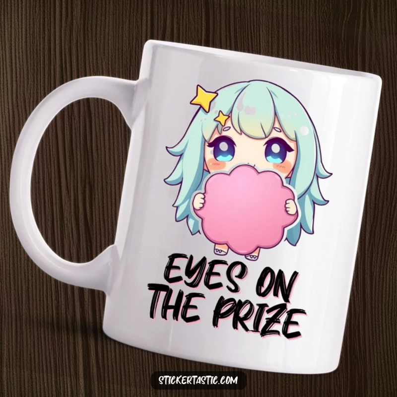 Funny mug featuring a character with wide, starry eyes, happily clutching a large, vibrant, colorful sticker.