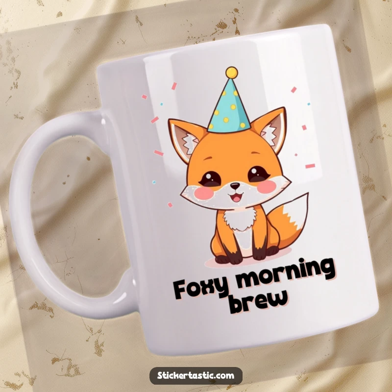 Funny mug featuring a delighted fox wearing a party hat with confetti falling, radiating pure fun and festive excitement, perfect for party lovers.