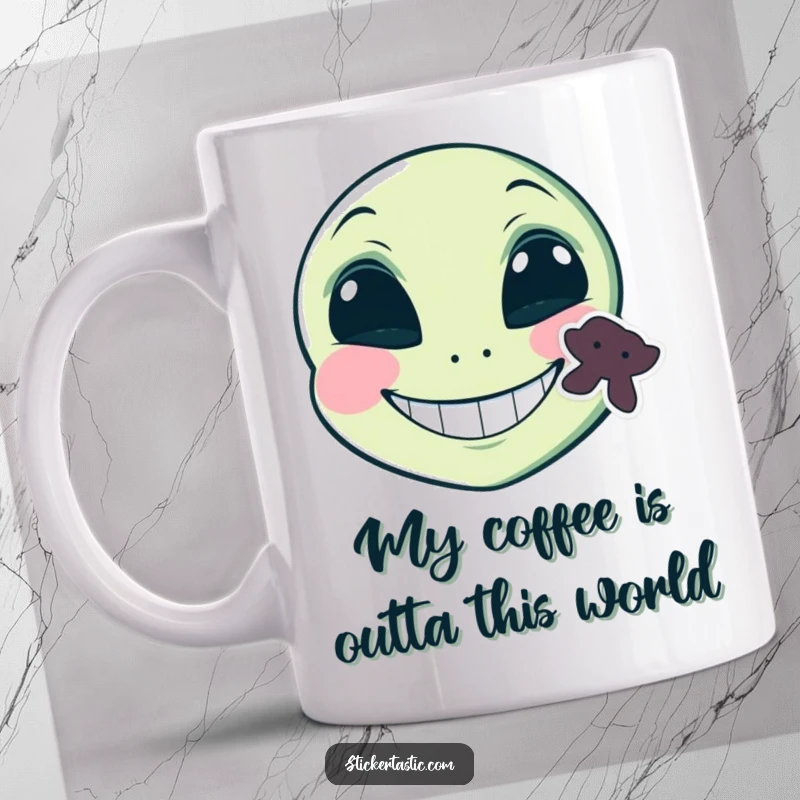 Funny grinning alien face with a sticker on its cheek, a mischievous alien with a wide grin and a sticker, looking humorous and friendly.