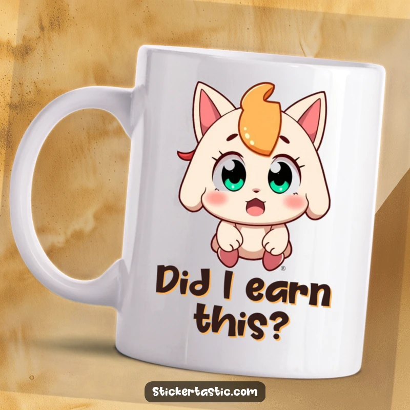 Funny character with wide, amazed eyes catching a falling sticker on a ceramic mug, expressing surprise and delight, a perfect gift.