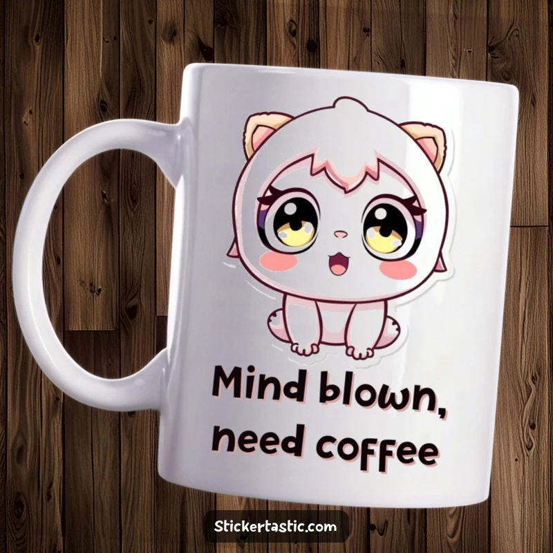 Funny mug showing a character with wide eyes full of awe looking at a sticker, celebrating sticker discovery.