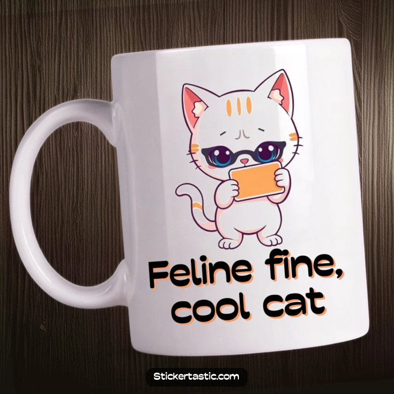 Funny cat mug with a cool, stylized cat character striking a confident pose next to a sticker. Emphasizes feline swagger and fun.