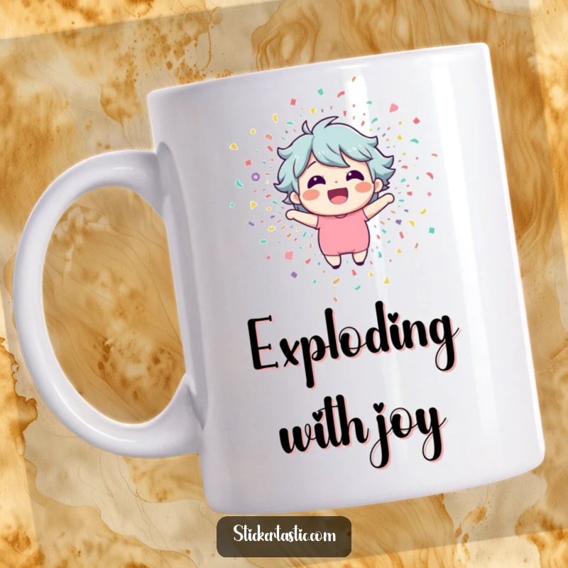 Funny mug featuring a happy character bursting joyfully out of a vibrant confetti explosion. Humorous and celebratory.