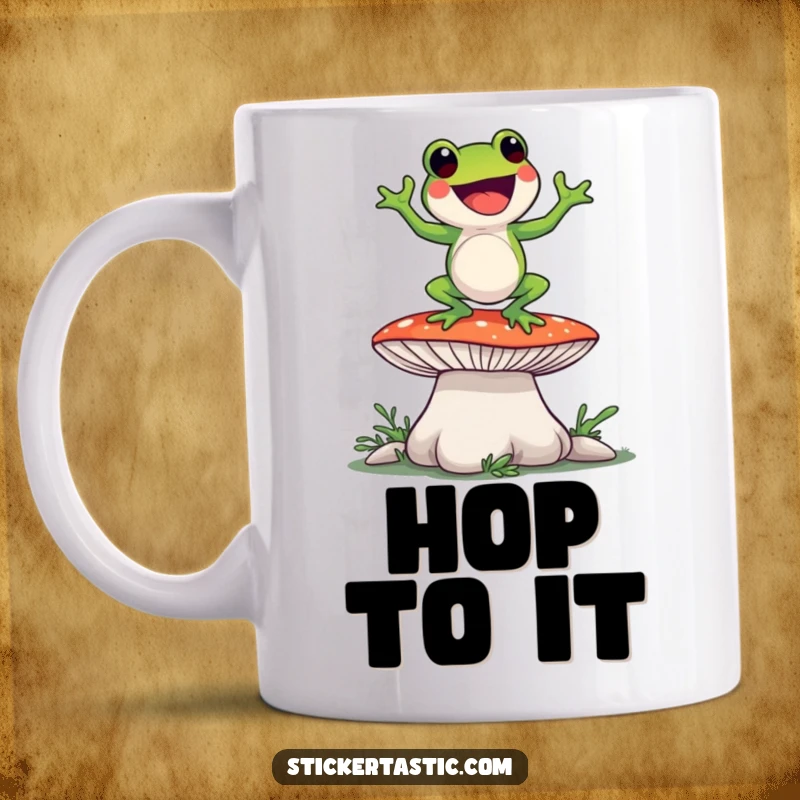 Funny, bouncy frog character performing a silly dance on top of a giant, colorful mushroom, on a humorous mug.