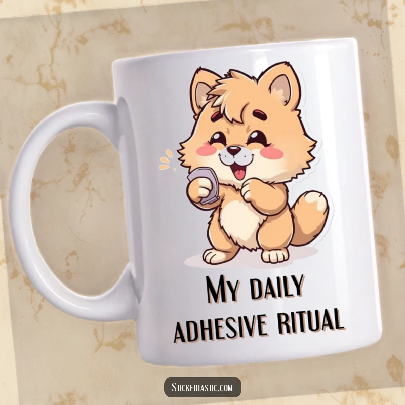 Funny furry character enthusiastically slapping a sticker onto a surface on a ceramic mug, capturing a moment of pure sticker joy.