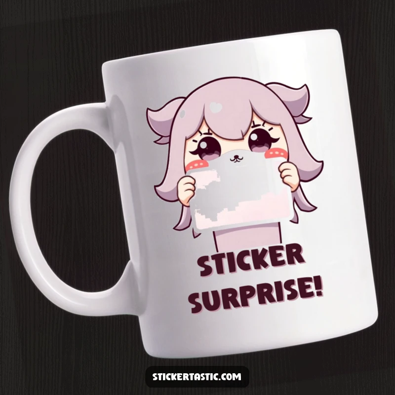 Funny Grinning Character Mug: A cute character shows a wide, surprised grin while proudly holding up a colorful sticker.