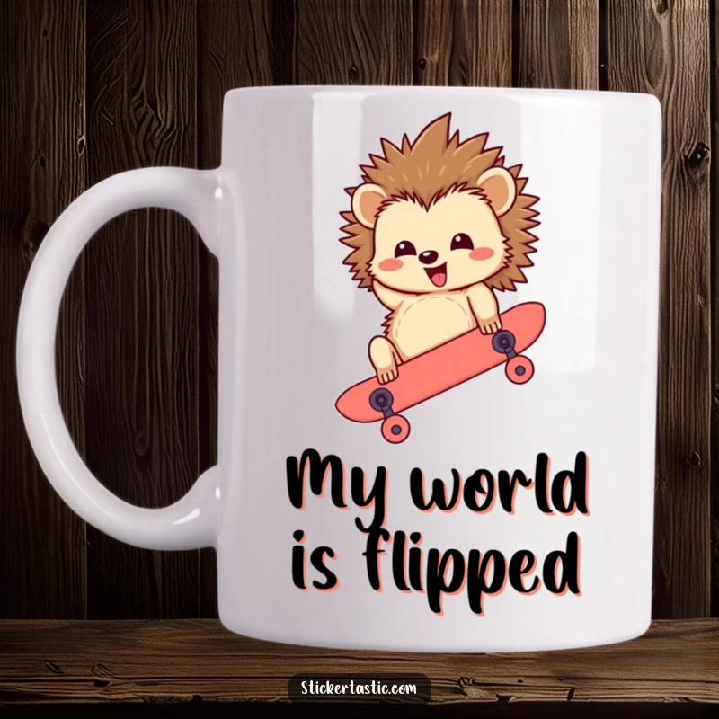 Funny Hedgehog Mug: A happy hedgehog character hilariously riding a skateboard upside down, showcasing a unique and funny trick.