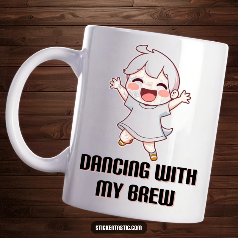 Funny mug featuring a joyful character performing an energetic, dynamic dance move with pure delight. Humorous and uplifting.