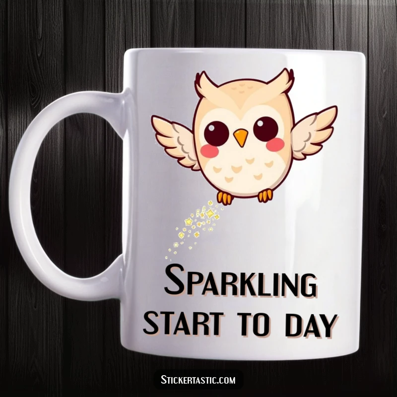 Funny Joyful Owl Mug: A whimsical owl character flying joyfully, leaving a shimmering trail of glitter, perfect for magical moments.