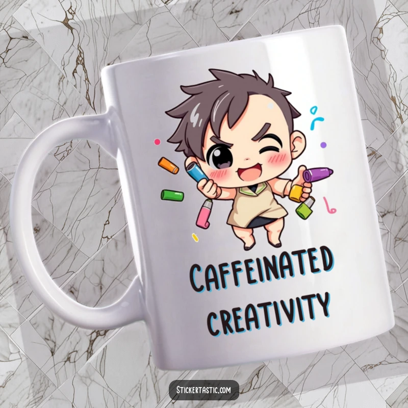 Funny Mug: Determined character playfully juggling multiple colorful markers with focus and skill. Ideal funny gift for artists.
