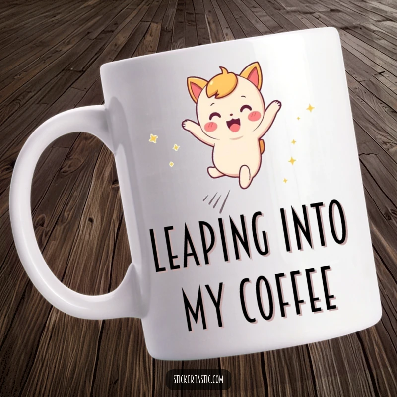 Funny mug featuring a cute character joyfully leaping through the air, leaving behind trails of magical sparkles.