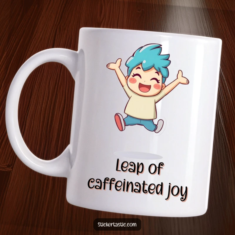 Funny character leaping joyfully with a large, shiny sticker, depicted on a ceramic mug, symbolizing elation.