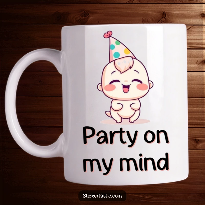 Funny mug featuring a giggling character joyfully wearing a silly, festive party hat. A humorous beverage holder.