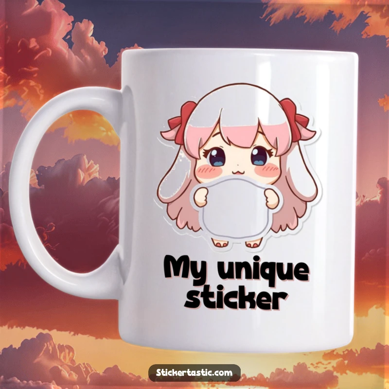 Funny mug showing a character with rosy cheeks proudly holding up a uniquely shaped sticker, radiating joy and accomplishment.