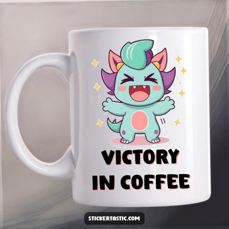 Funny Mug with a character roaring triumphantly, surrounded by dazzling sparkles, embodying power and celebration.