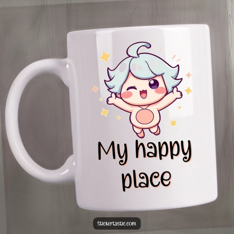 Funny Mug: Cheerful cartoon character gleefully bouncing high, surrounded by magical sparkles, conveying pure excitement and delight.