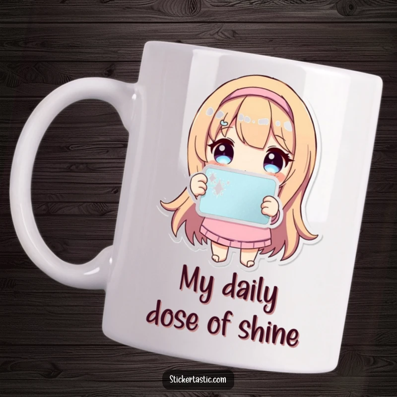 Funny Mug: Cute character proudly holds a sparkling sticker, radiating happiness and positive vibes, a perfect gift.