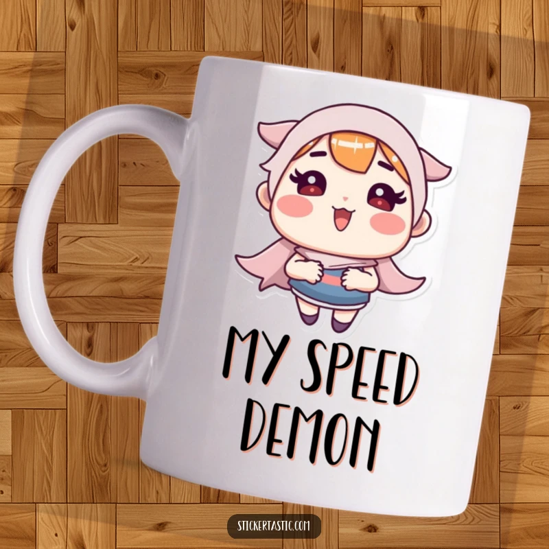 Funny Mug: Rosy-cheeked character zooms with a sticker, showcasing speed and excitement. Perfect funny gift for enthusiasts.