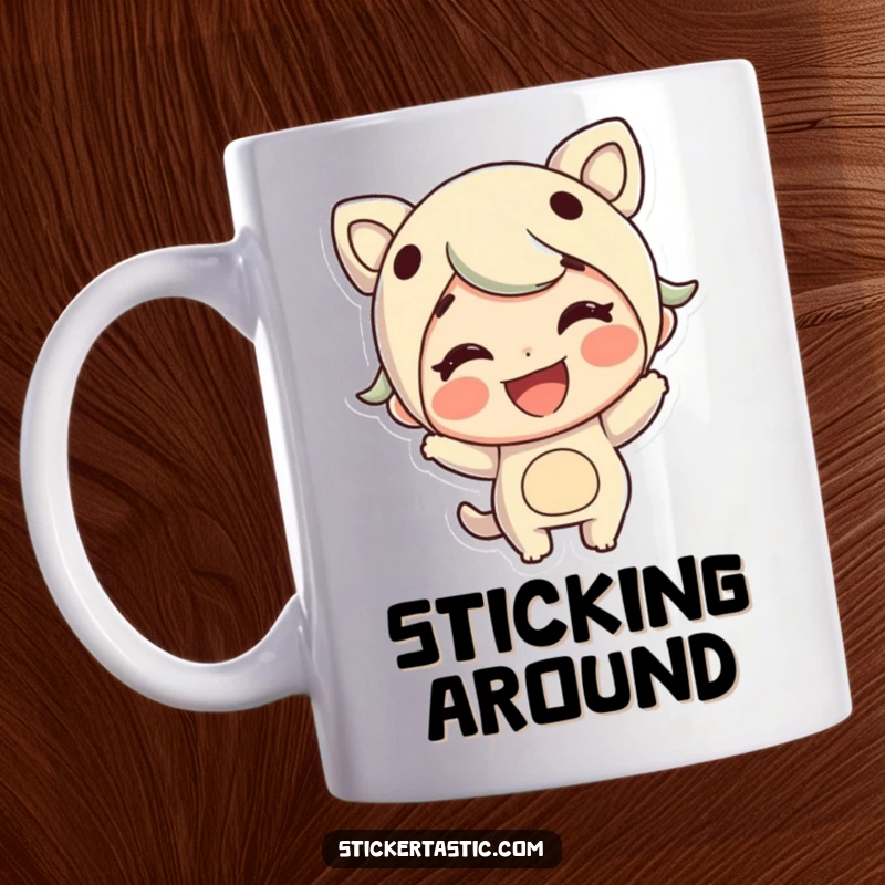 Funny cheerful character mug with a big grin, sticking a large, colorful sticker onto a surface.