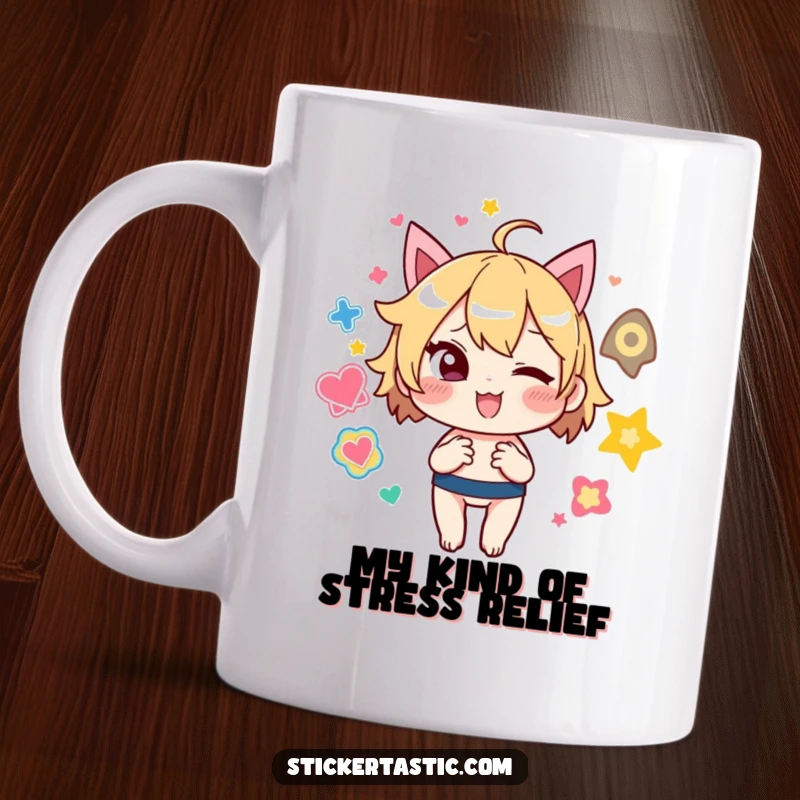 Funny Mug: Mischievous character winks while juggling a rainbow of colorful stickers, bringing playful energy.