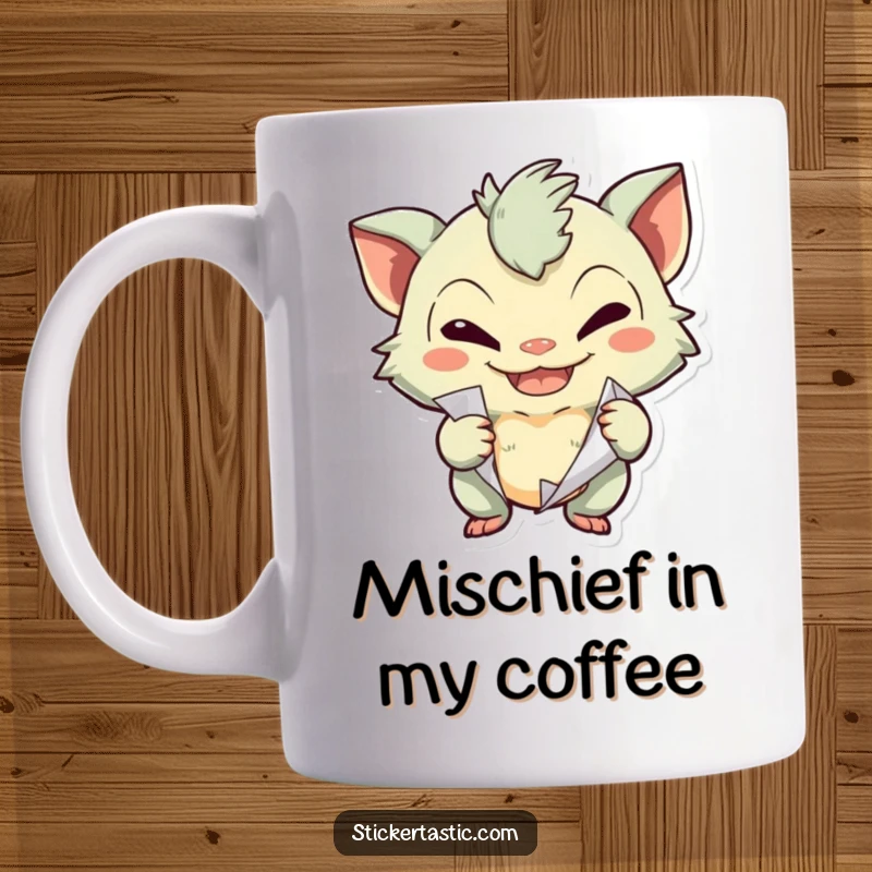Funny creature with a mischievous grin, peeling off a sticker on a mug, embodying playful trickery.