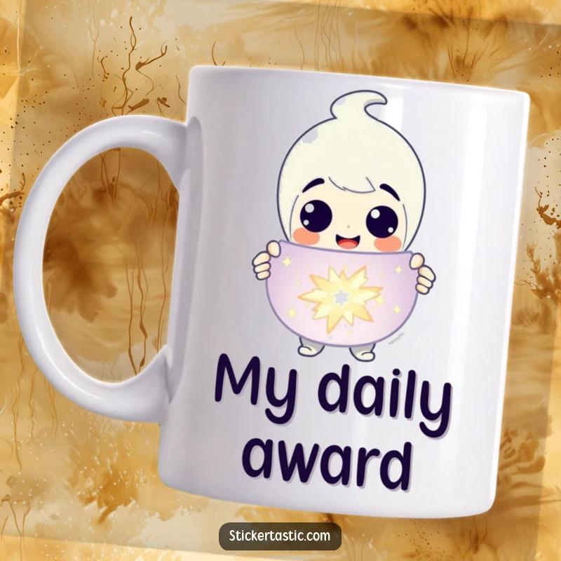Funny Mug: A grinning character proudly presenting a large, glittering sticker, symbolizing joy and accomplishment. Ideal funny gift.