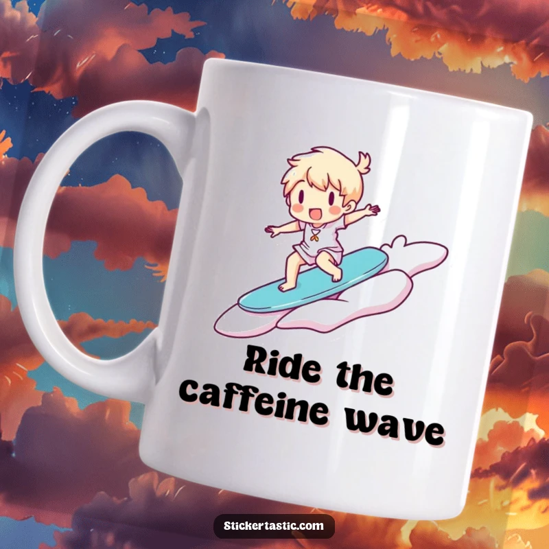 Funny Mug: Cheerful character gleefully surfs on a large, floating sticker, embodying pure joy and adventure.