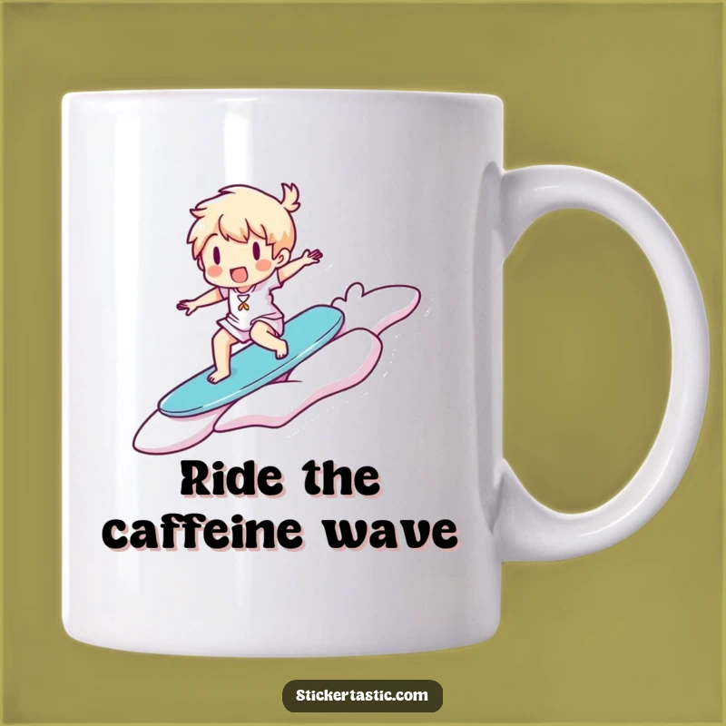 Funny Surfer Sticker Mug: Happy Character Riding the Waves, Perfect Funny Gift