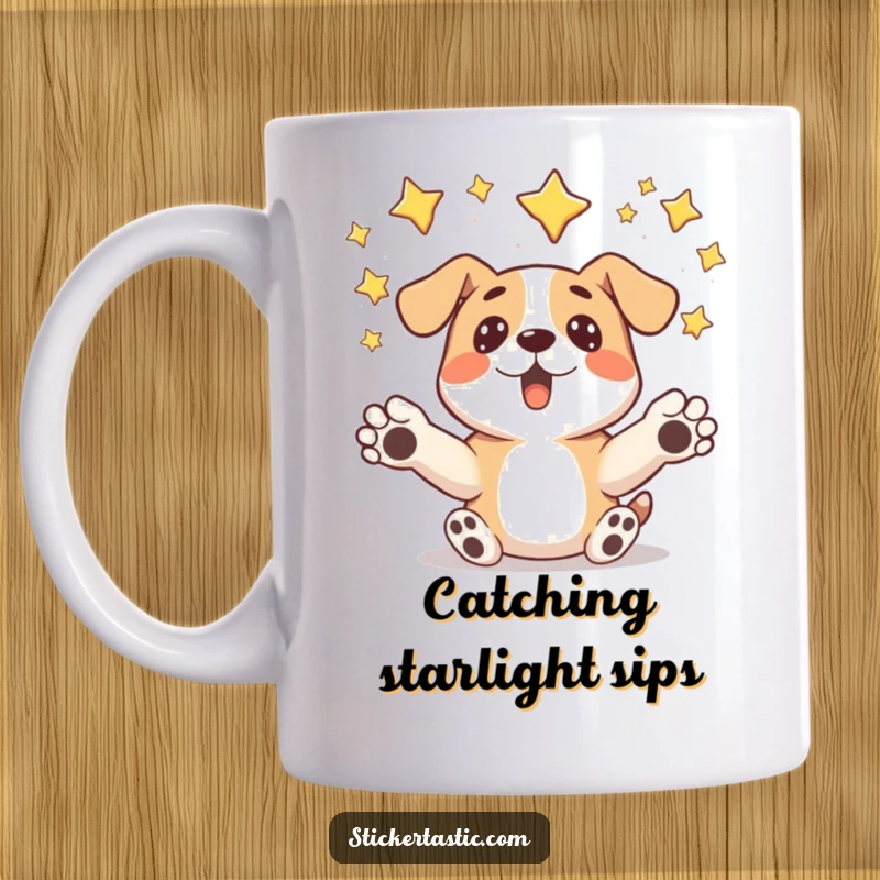 Funny surprised dog mug showing a happy dog with paws outstretched, comically catching falling stars from the night sky.