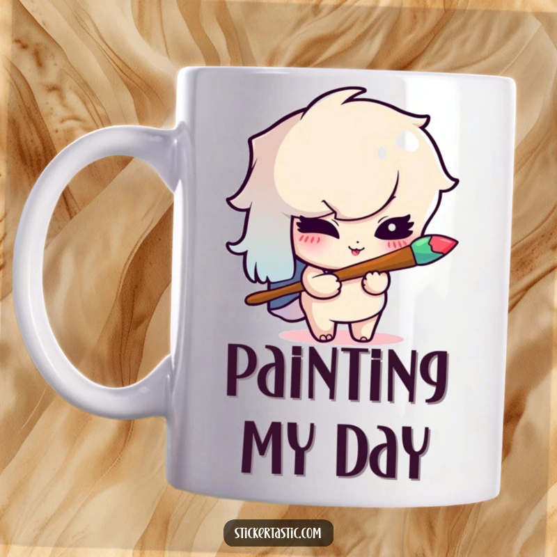 Funny mug illustration of a mischievous cartoon character winking slyly while holding a vibrant rainbow paintbrush.