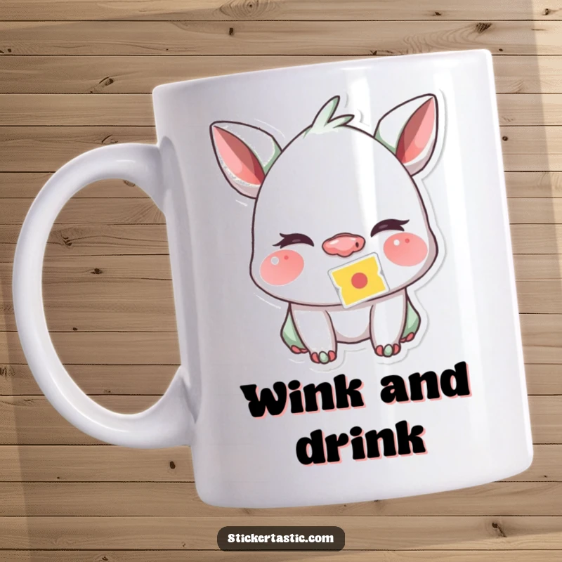 Funny creature winking playfully with a sticker stuck to its nose on a ceramic mug, embodying cheeky fun.