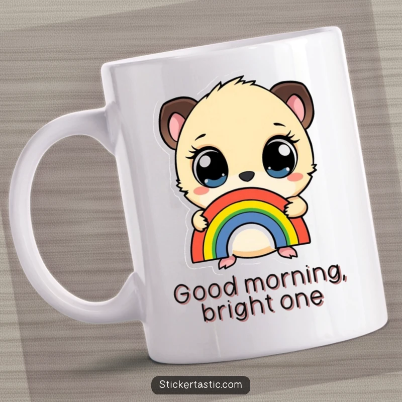 Funny mug featuring a small creature with wide eyes, holding a colorful rainbow sticker, radiating innocence and playful joy.