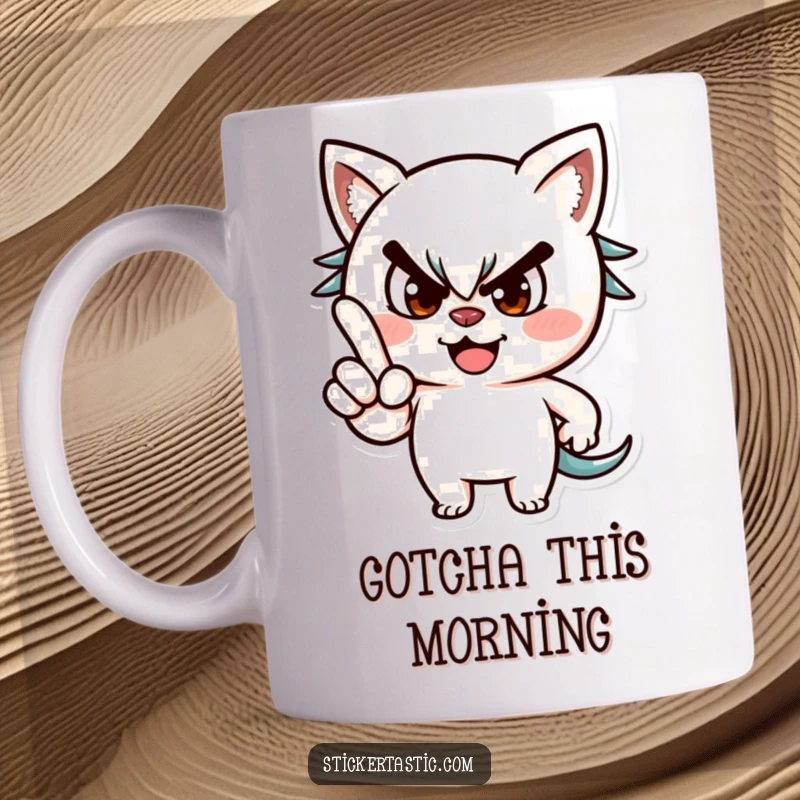 Funny mug portraying a mischievous character giving a playful wink while pointing a finger with a cheeky expression.