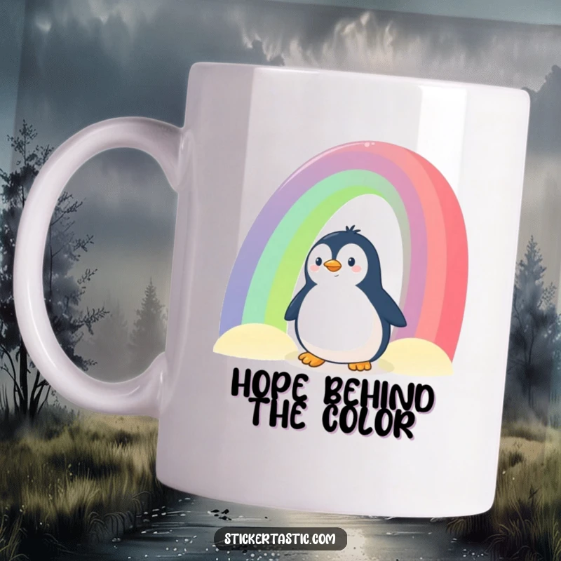 Funny Penguin Mug: A curious penguin peeking from behind a giant, colorful rainbow, evoking feelings of wonder and happiness.