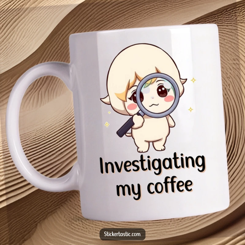 Funny mug featuring a curious character intently examining a sparkle with a magnifying glass. Humorous and thought-provoking.